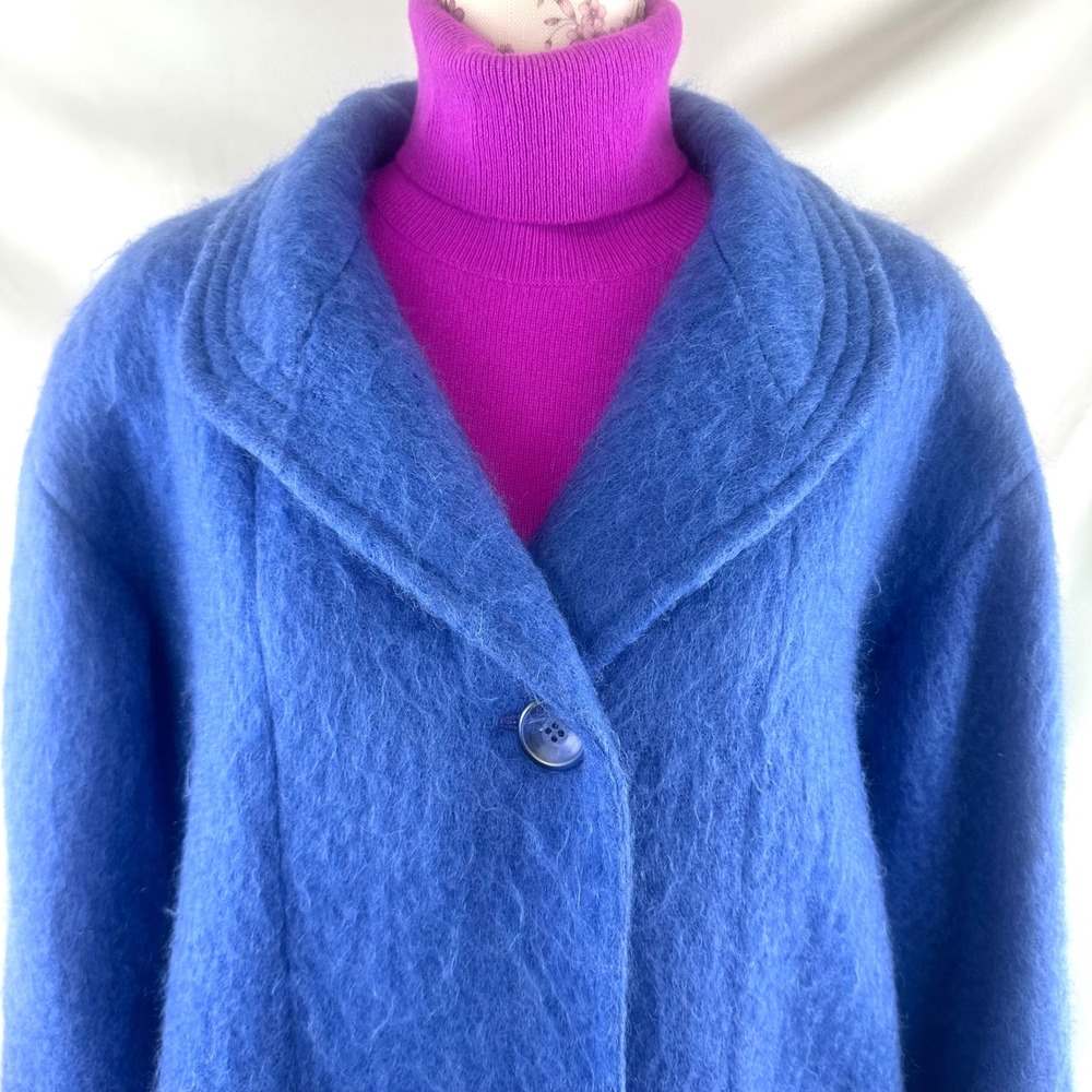 Vintage Mohair Coat Blue Oversized Fuzzy Wool Blend Statement Jacket 80s USA 14 - Picture 3 of 17